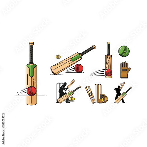 Cricket Sport Equipment and Player Illustrations - Flat Design Vector