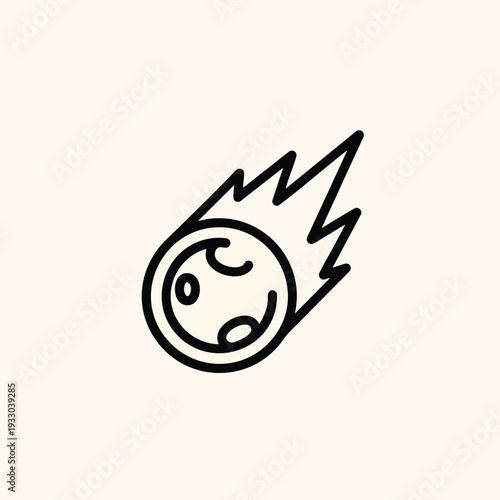 A black outline illustration of a comet in flight.  The comet has a circular main body with stylized detail and a flame trail