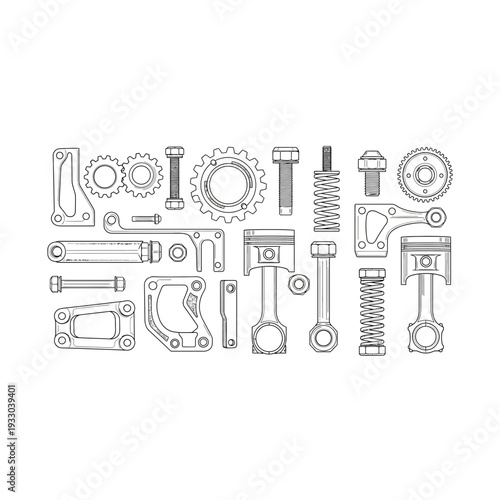Illustration of various car engine parts, bolts, and gears