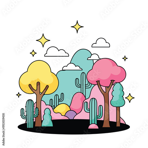 Colorful desert landscape illustration featuring cacti, trees, and stars in a vibrant scenery viewed from a slight elevation