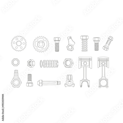 Vector collection of engine parts, gears, bolts, and springs