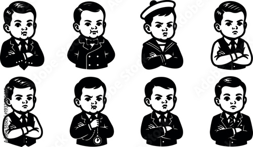 Retro cartoon vector set of eight stern little boys in suits various poses crossed arms flat black and white