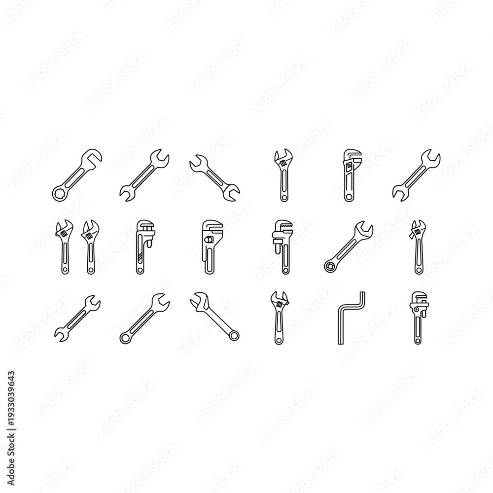 Obraz premium Black and White Sketch Style Wrenches and Tools Assortment