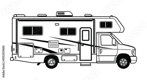 A black and white line drawing of a recreational vehicle or camper in profile