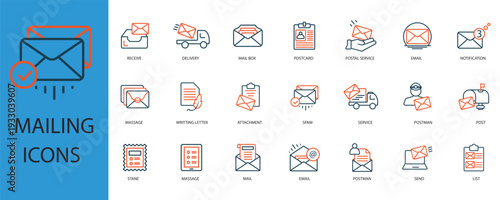 mailing icons set outline and Flat Style,transparent background