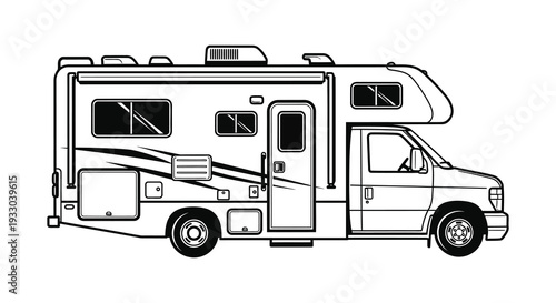 Line drawing of a recreational vehicle showing its side profile and features