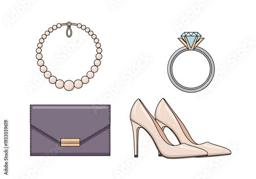 Fashionable Woman Accessories Set Including Pearls Necklace Ring Clutch Purse And High Heels On White Surface