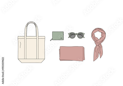 Casual Everyday Essentials Arranged For Fashion And Lifestyle Content Creation With A Tote Bag Wallet Sunglasses And Scarf