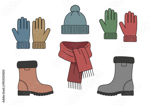 Set of Winter Clothing Accessories Including Hats Gloves Scarves and Boots for Cold Weather Protection Collection With Various Colors
