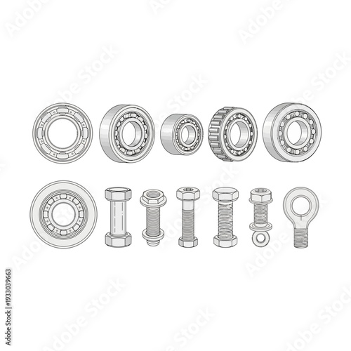 Assorted Bearings and Bolts: Industrial Mechanical Components Set