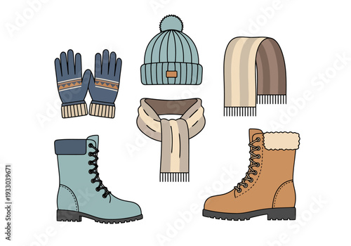 Collection of Winter Clothing Essentials Including Hats Scarves Gloves and Footwear For Cold Weather Outdoor Activities And Warmth