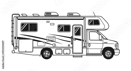 Line drawing of a recreational vehicle or rv shown in a side profile