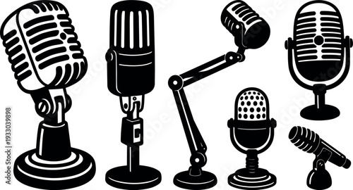 Retro vector microphone icon set close up vintage studio mics on desktop stands boom arm condenser dynamic ribbon broadcasting classic