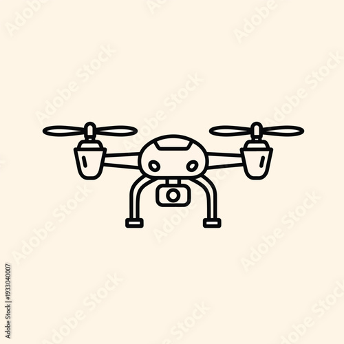 A black outline illustration of a quadcopter drone with four propellers, camera, and landing gear against a light beige background