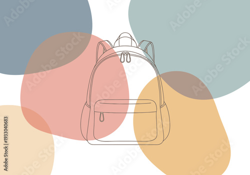 Modern simple outline drawing of a backpack with pastel color blobs on a clean white background for school or travel concepts