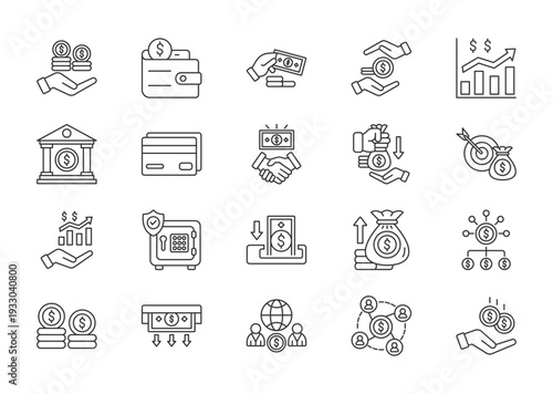 Finance thin line icon set. Containing finance, wallet, cash, savings, growth, bank . Vector illustration