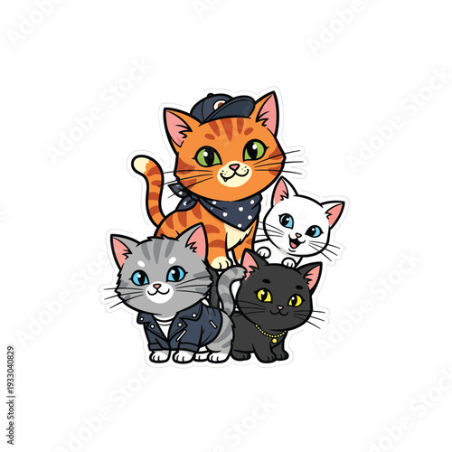 Illustration of cats wearing accessories, featuring orange, gray, white, and black felines with hats and collars, viewed from the front in a playful scene
