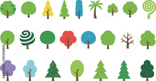 Large set of colorful flat tree icons with green oak yellow maple blue pine and purple fruit trees for landscape nature and environment design