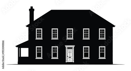 Black silhouette of a classic two story house with a chimney and rectangular windows