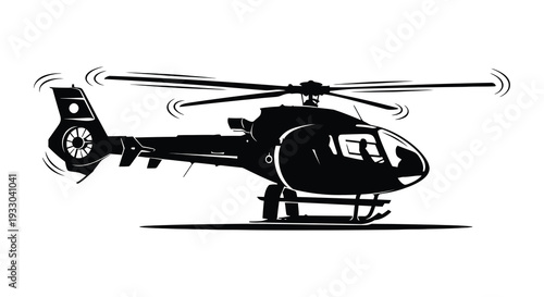 Stylized black and white illustration of a helicopter in dynamic flight