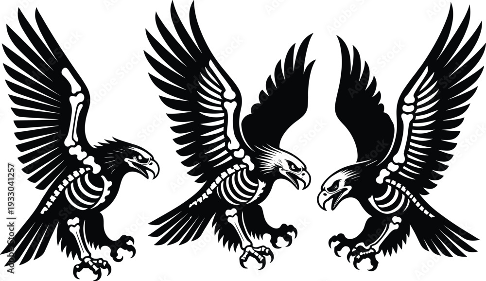 Fototapeta premium Eagle Skeleton Silhouette Vector Set with Spread Wings, Detailed Skull and Bone Structure Illustration for Tattoo Design, Gothic Logo, Mascot and T-Shirt Graphic