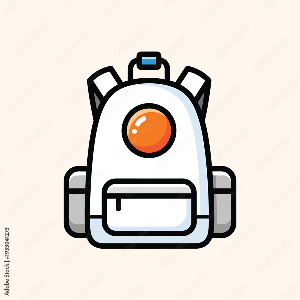 Obraz premium A cartoon backpack, white with black outlines, a small orange circle on the front and a front pocket, two side pockets