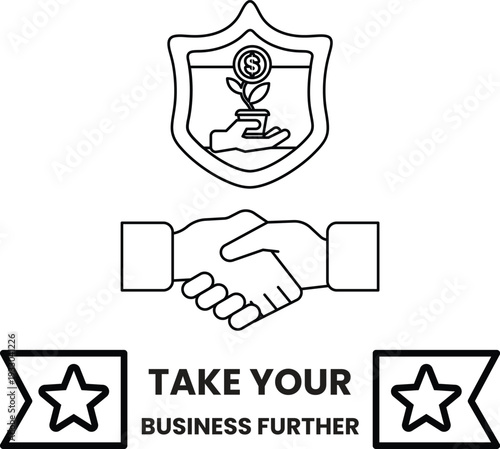 A black and white image of two hands shaking with a shield behind them