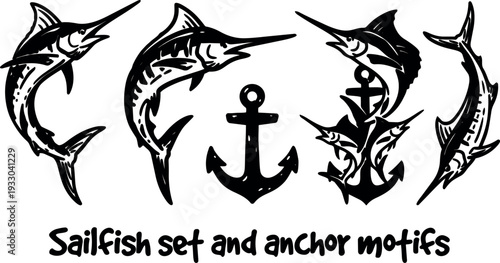 Tattoo flash sailfish and anchor motifs set showing leaping fish side views and stacked anchor composition bold black vector art