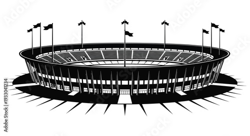 A black and white illustration of a large stadium with waving flags