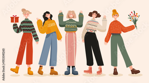 8 March womens day celebration diverse women smiling holding gift flowers cheerful group colorful outfits flat background