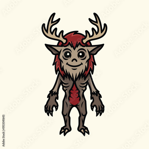 A cartoon creature with deer-like antlers, shaggy hair, a red chest, and clawed feet smiles at the viewer. It stands on a light background