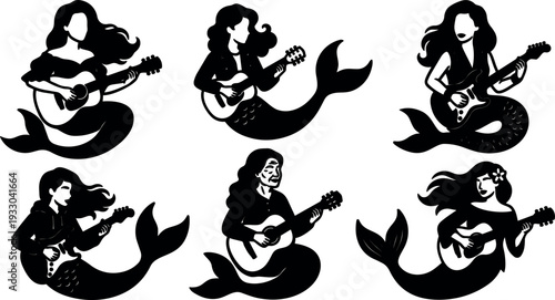 Tattoo flash mermaid musicians set vector silhouettes playing acoustic and electric guitars in varied poses sea theme flowing hair graceful