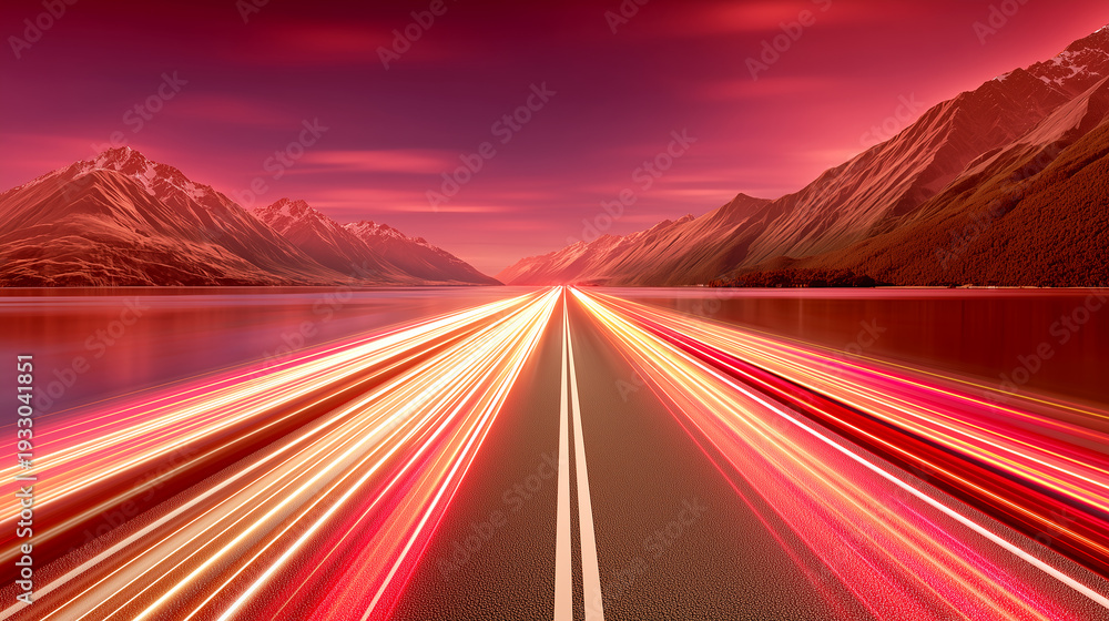 Obraz premium Long exposure light trails on a highway through a mountain lake landscape