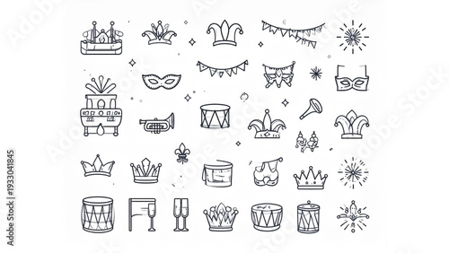 Carnival masquerade and jazz festival icon set featuring crowns masks musical instruments fleur de lis and parade symbols