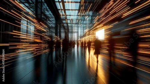 People walking through a futuristic hall with glowing light trails