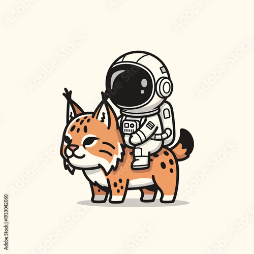 A cartoon astronaut in a white suit rides a stylized orange wildcat with black spots. They are on a creamy background
