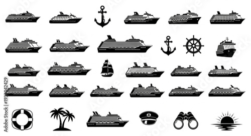 Collection of various cruise ships, anchors, and related maritime elements in silhouette style.