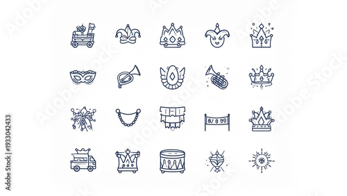 Carnival masquerade and jazz festival icon set featuring crowns masks musical instruments fleur de lis and parade symbols
