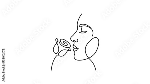 Face Smelling Rose One-Line Icon, Single Continuous Line Profile Minimal Floral Outline