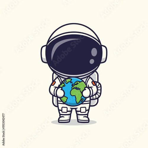 A cartoon astronaut in white space suit holding Earth. The helmet is dark blue with a reflective visor and the planet shows land and ocean