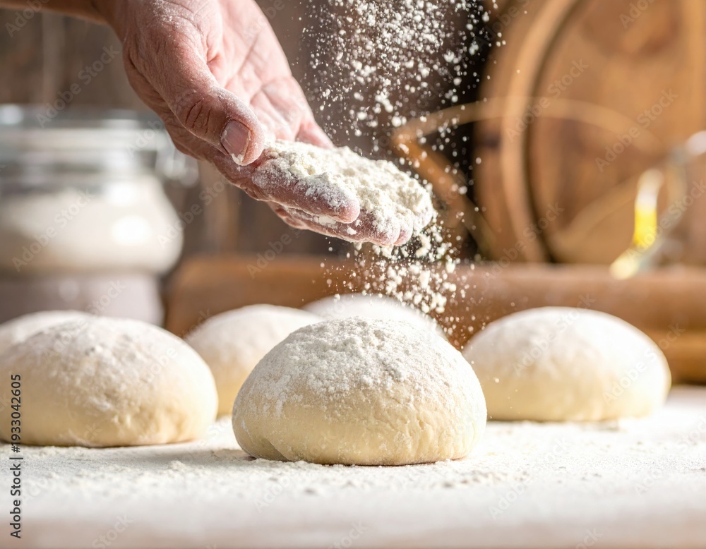 Obraz premium Chef's hand carefully sprinkles flour over multiple soft raw dough portions resting on a floured surface, preparing for homemade bread or delicious pastries in a rustic kitchen setting