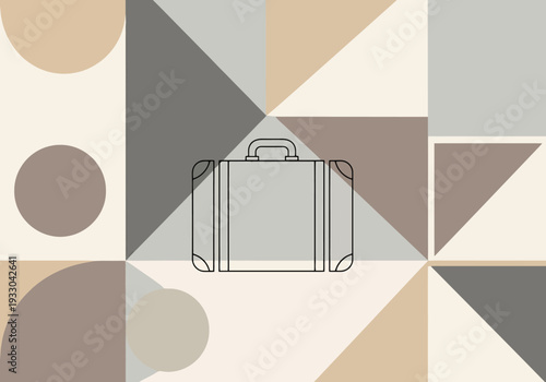 Vintage Suitcase Centered on Abstract Geometric Background with Circles and Triangles Represents Travel and Adventure