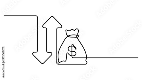 Continuous line design of money sacks and diagrams. Economic growth decline graph symbol. Decorative elements drawn on a white background. vector illustration