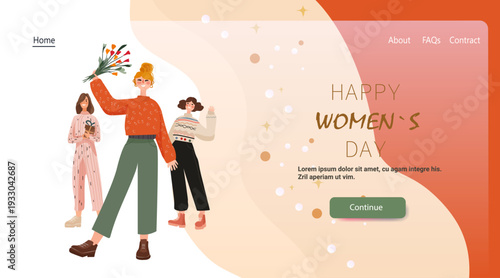 8 March womens day celebration women holding flowers festive background abstract shapes website landing page