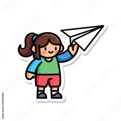 A young girl with a paper plane in hand standing in a playful scene viewed from the front