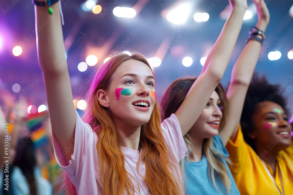 Obraz premium Young women celebrating at a vibrant event with colorful face paint and raised arms, illuminated by bright lights in a festive atmosphere