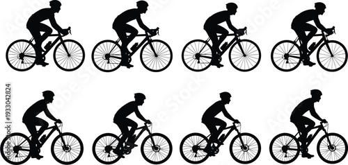 Cyclist silhouettes, road bikes, mountain bikes, riding posture, cycling sport, bicycle figures, vector illustration, black silhouettes, white background, active lifestyle