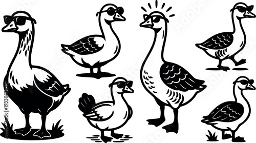 Tattoo flash playful retro geese wearing sunglasses group in bold line art close up various poses outdoor playful mood illustration