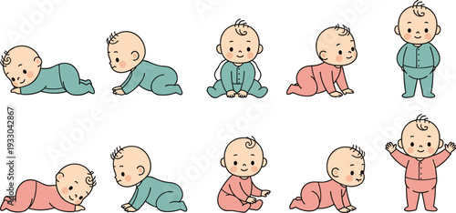 Cute baby development stage vector set featuring crawling, sitting, and standing infants in teal and pink pajamas.