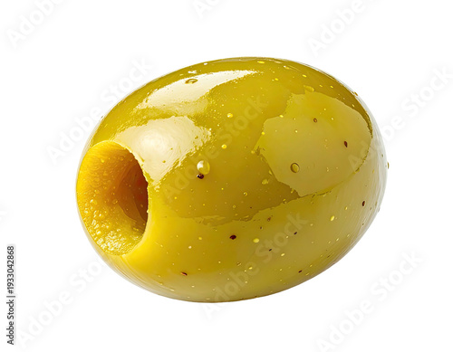 A single, pitted green olive glistens with oil droplets on a white background